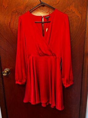 Express Red Long-Sleeve Wrap Skater Dress